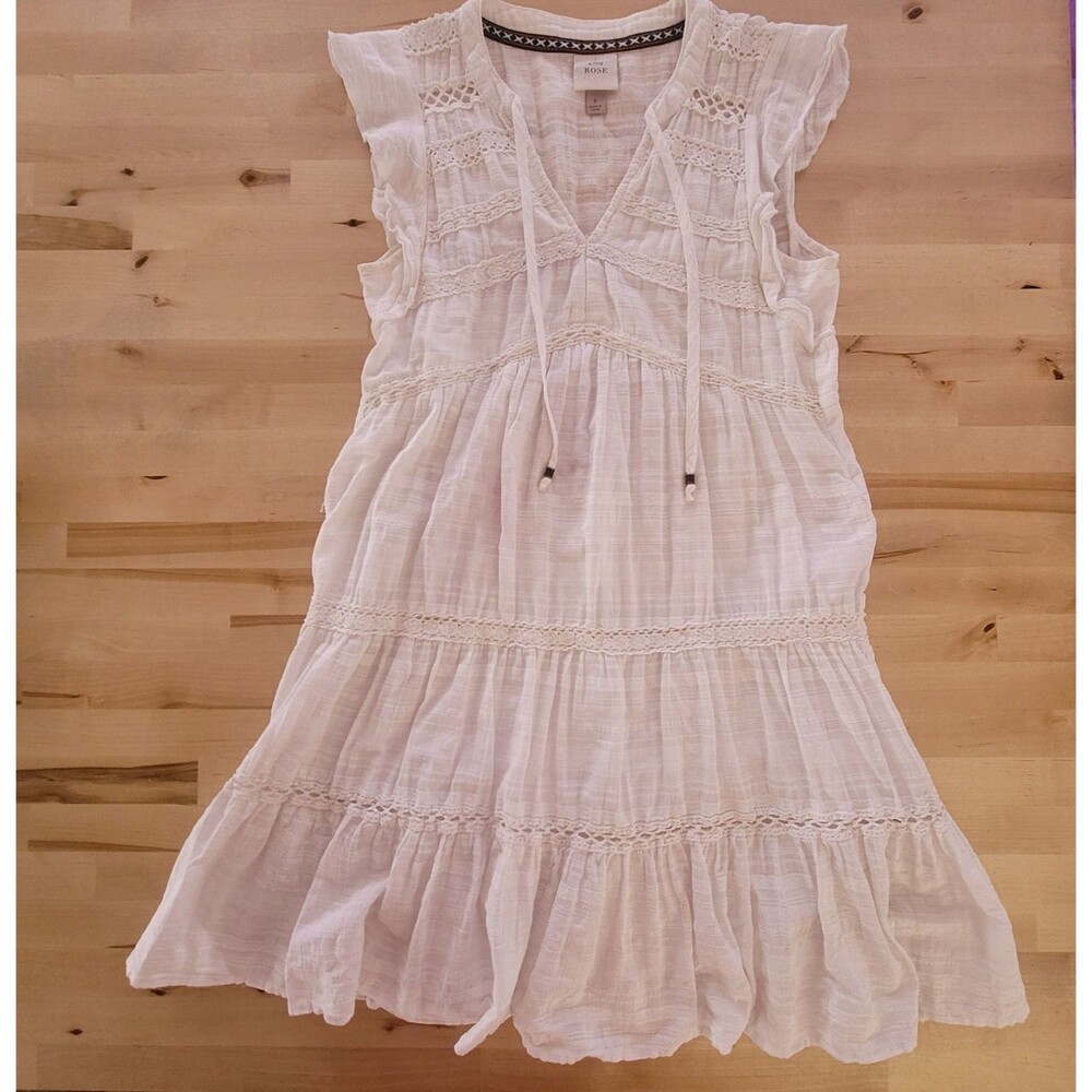 White Cotton Dress S Boho Tiered Eyelet V-Neck Tassel Flutter Sleeve Cottage